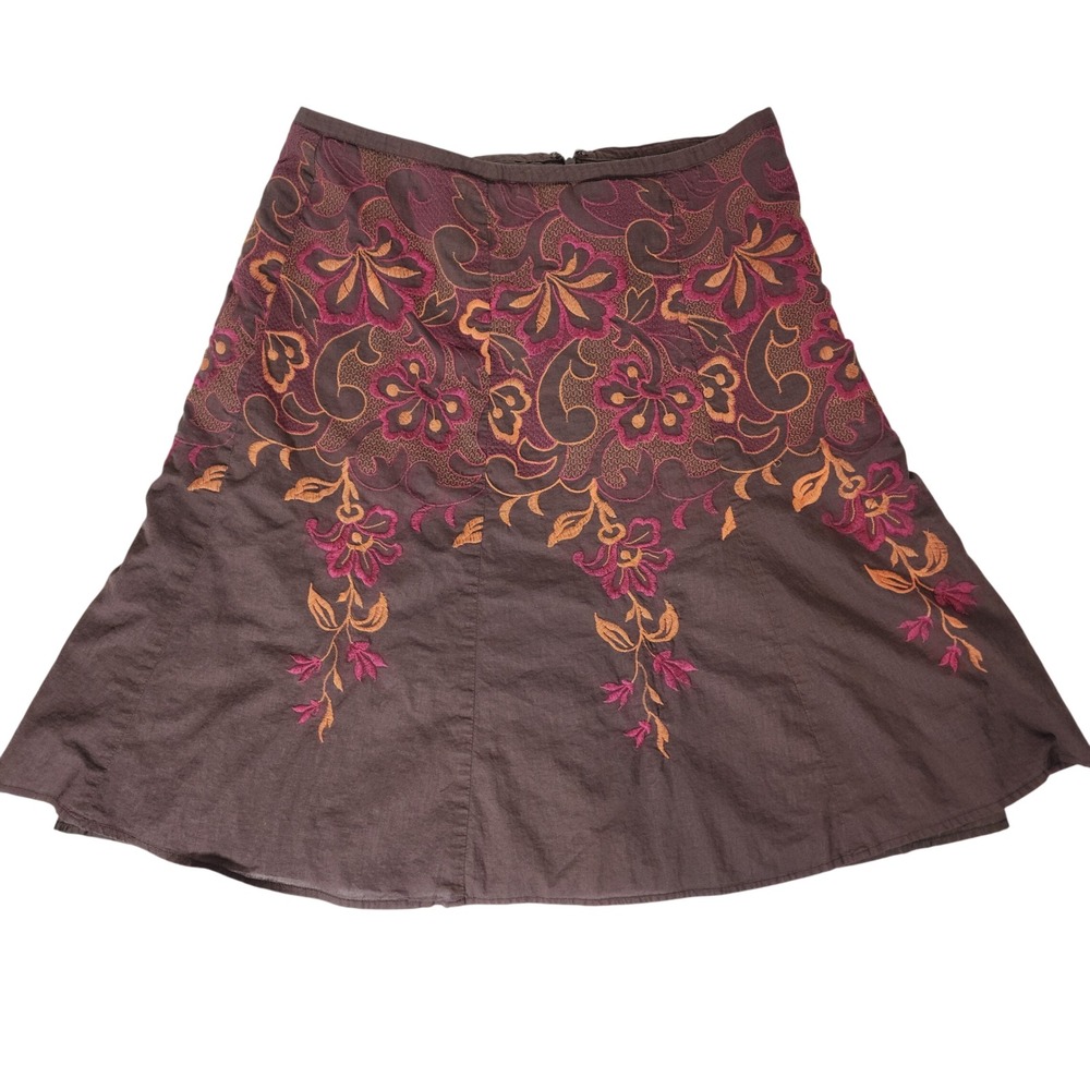 Axcess Liz Claiborne Brown Floral Embroidered A-Line Skirt Boho Womens Size 6